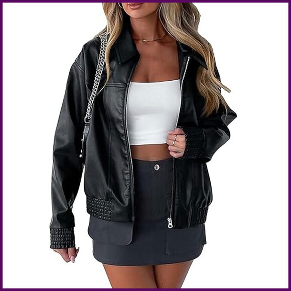 Oversized Faux Leather Jacket Long Sleeve Zip Up Motorcycle Bomber